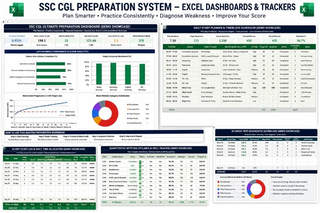 SSC CGL Preparation System - 10-in-1 Excel Dashboards and Trackers Cover